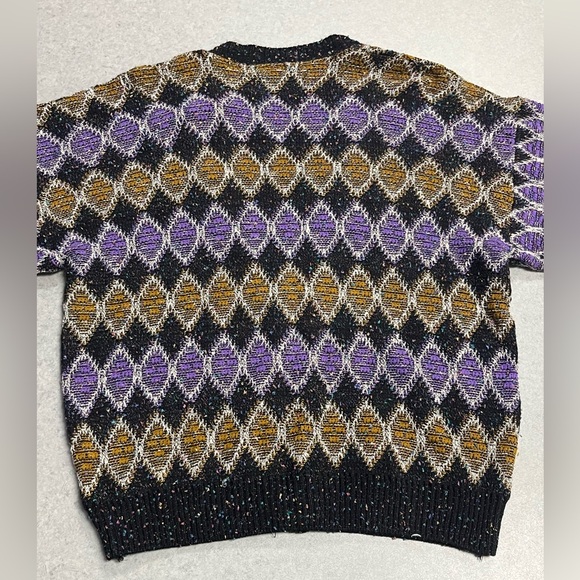 VTG Sequel Black Purple Gold Geometric Pattern Cardigan Sweater—Large (Unisex) - Picture 4 of 6